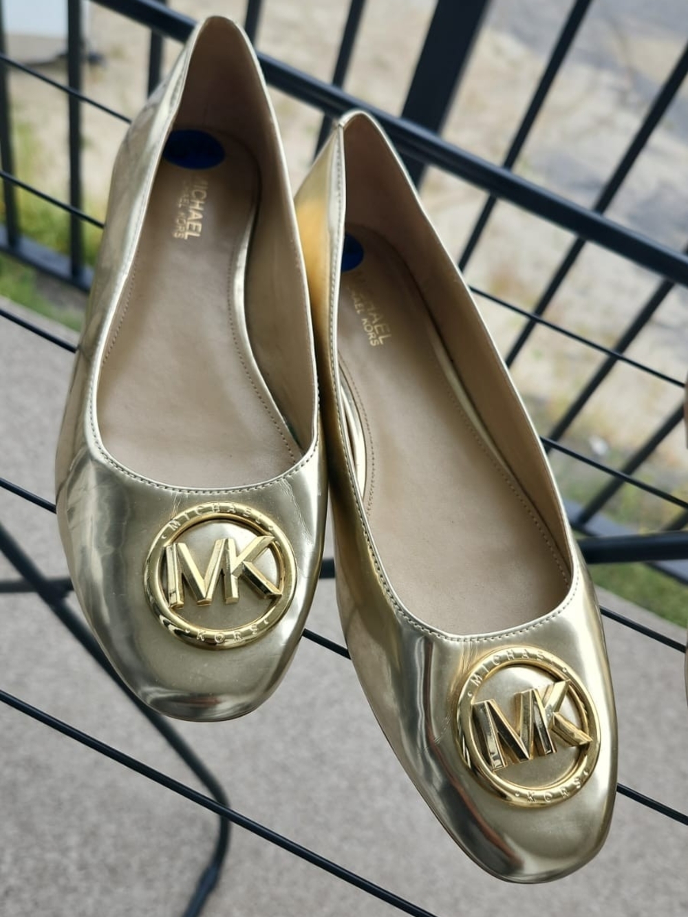 Michael Kors Metallic Gold Logo Round-Toe Ballet Flats